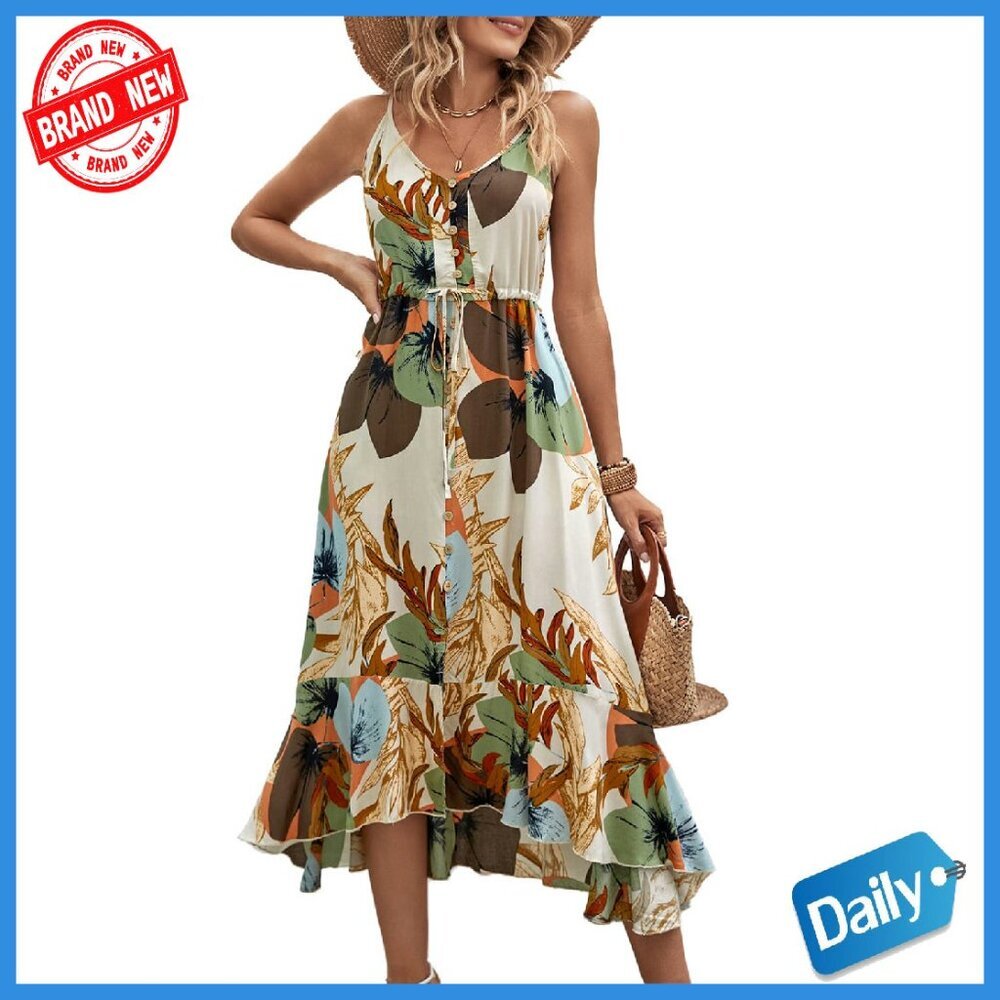 Viscose Midi Sundress with Adjustable Straps, V-Neck, Flowy Fit